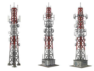 Three detailed telecommunication towers with antennas and equipment isolated on transparent background
