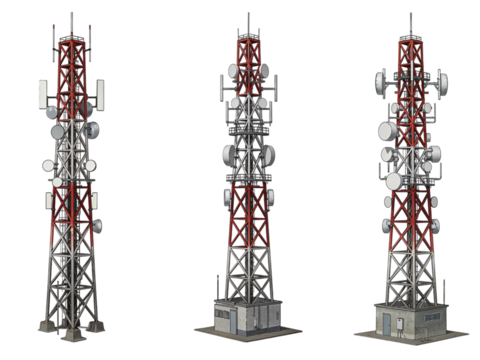 Three detailed telecommunication towers with antennas and equipment isolated on transparent background