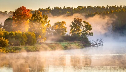 Misty autumn morning by a river