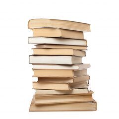 Neatly stacked arrangement of ten beige and light brown books on transparent background