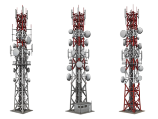 Three identical telecommunication towers with antennas and dishes showcasing different color schemes isolated on transparent background