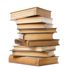 Neatly arranged stack of nine books with varied sizes and textures on transparent background