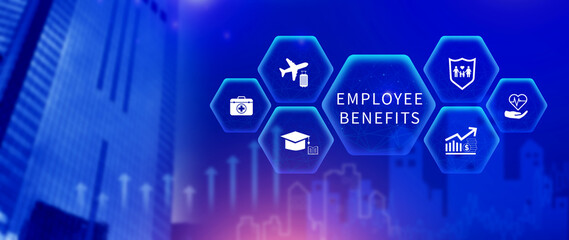 Employee Benefits Career Concept. Business Bonus Work Perks, Fringe benefits for employee engagement, Insurance, paid vacation, office perks