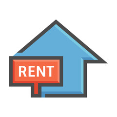 House for rent vector icon showing house with For Rent sign, representing real estate property available for lease. Ideal for announcements, rental advertisements and home rental business visuals.