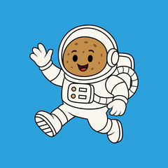 Cartoon Potato Astronaut Floating Wearing Space Suit on Blue Background
