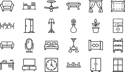 Minimalist Line Art Home Interior Furniture and Decor Icons Set – Modern Outline Style Sofa, Chair, Bed, Lamp, Table, Clock, Cabinet, Plant, Rug, Bookshelf, Wardrobe, and Kitchen Elements for Interior