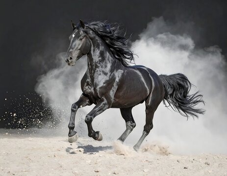 Powerful black horse galloping in sand - Powered by Adobe