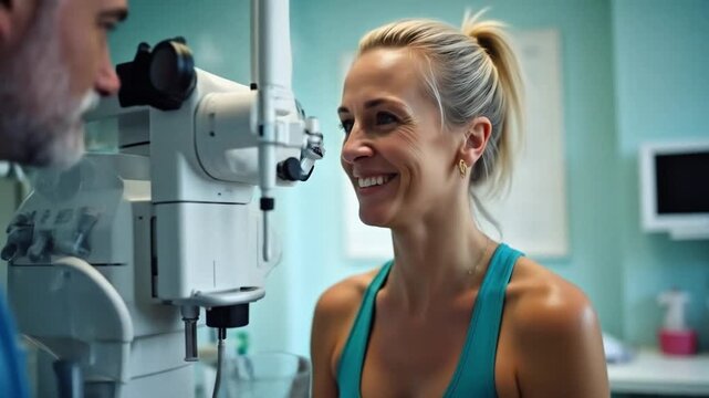 Eye examination by a doctor with slit lamp and friendly conversation with a patient