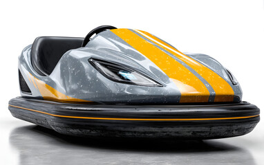 Sleek bumper car with shiny metallic finish, vibrant orange and yellow racing stripes, futuristic design, isolated on white background.