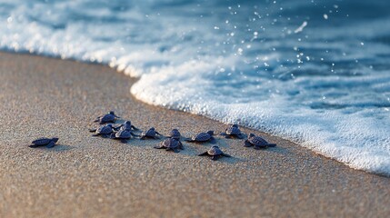 Turtle hatchling crawling towards ocean waves heartwarming marine wildlife life cycle stock photo
