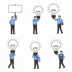 Creative Business Ideas and Innovation Concepts: Flat Illustration Set with Characters Holding Light Bulbs and Signs, Representing Solutions and Thinking Processes.