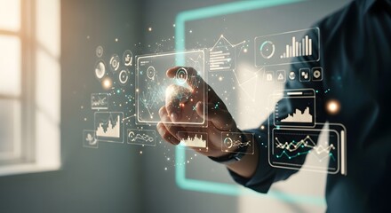 Business Professional Interacting with Digital Data Analytics Interface in Modern Office