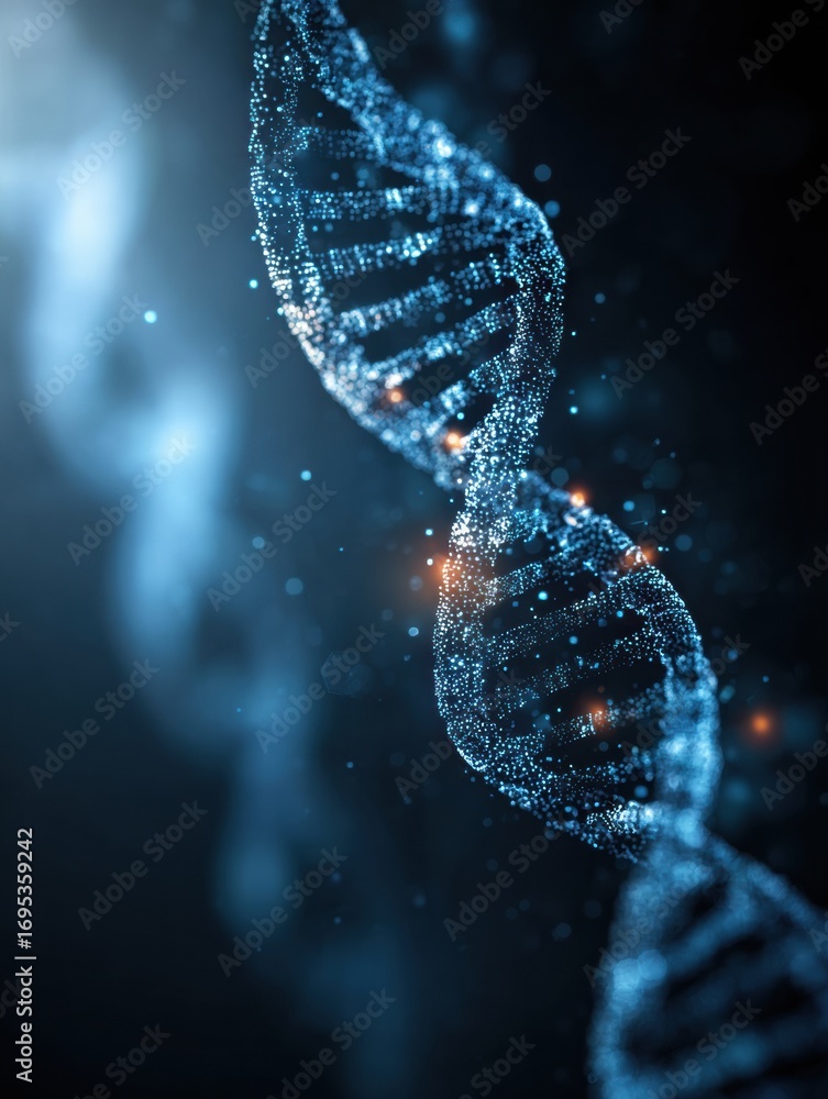 Poster detailed view of a blue and glowing dna strand showcasing the structure and complexity of genetic ma