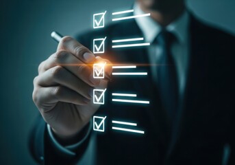 Photo of businessman checking off items on a digital todo list with a pen, representing task completion and business success