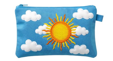 A bright blue pouch features embroidered sun and clouds, creating a cheerful and sunny design.