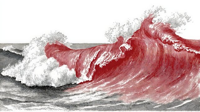 Powerful ocean wave crashing with large spray and foam in black and white with realistic detailed texture and dynamic motion captured du rough sea conditions