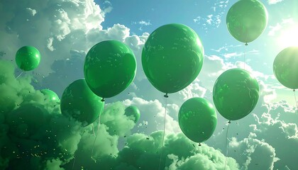 Green balloons in a cloudy sky
