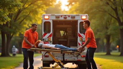 Emergency medical technicians transport patient on stretcher to ambulance in park setting