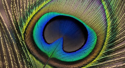 A close-up view of a peacock feather reveals vibrant, iridescent colors and intricate patterns.