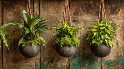 Three hanging planters with lush green plants against a rustic wooden background.