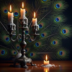 A detailed antique candleholder, adorned with dripping wax, sits before a backdrop of peacock feathers, creating a captivating still life.