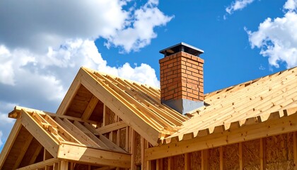 New House Construction with Wooden Framework and Brick Chimney with Blue Sky Background.