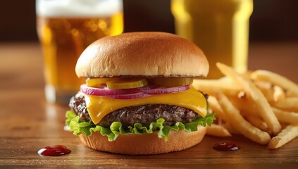 A delicious cheeseburger with all the fixings, including lettuce, tomato, onion, and pickles, served with crispy french fries and a cold beer on a wooden table