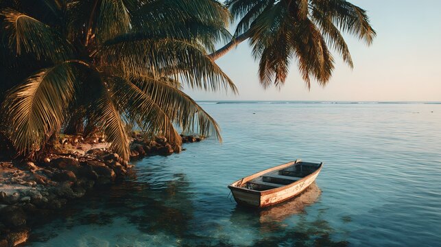 Tranquil scene of a small fishing boat resting peacefully in shallow turquoise waters near a tropical shoreline shaded by lush palm trees. - Powered by Adobe