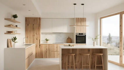 Sophisticated kitchen design with natural wood textures creating a modern and bright culinary space