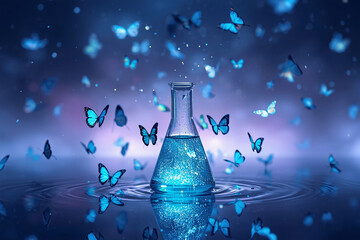 A glowing flask with blue liquid surrounded by magical butterflies.