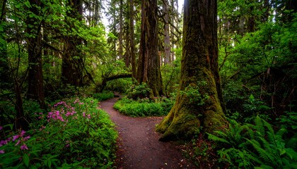 Enchanting pathway through a lush green forest with towering trees