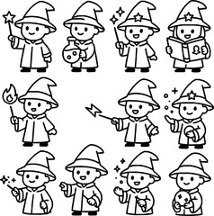 Wizard(male) Game Character Vector Icon Set – Monoline Style