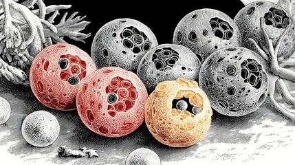 Close-up of colorful lunar surface model spheres with detailed crater patterns in black and red, arranged on textured surface with coral and s background