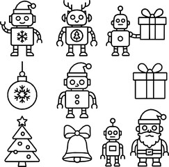 Robot Christmas Vector Icon Set – Minimal Monoline Style