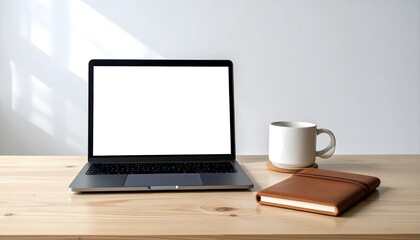 Fototapeta premium Minimalist arrangement- laptop with blank screen, ceramic mug, leather notebook.