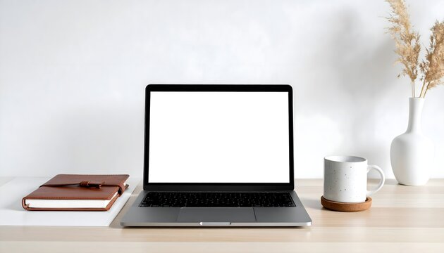 Minimalist arrangement- laptop with blank screen, ceramic mug, leather notebook.