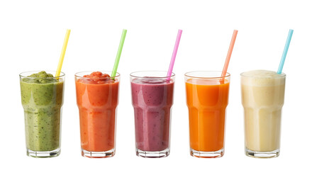 Colorful variety of fresh smoothies in tall glasses with straws Isolated on transparent background

