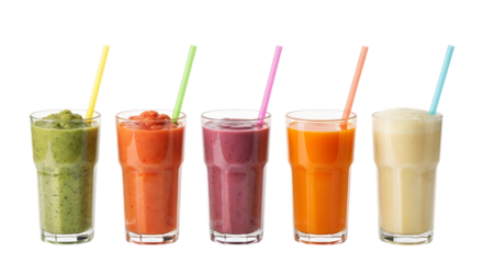 Colorful variety of fresh smoothies in tall glasses with straws Isolated on transparent background

