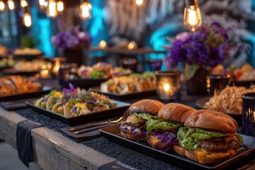 Fototapeta premium Gourmet burgers and salads. Delicious food displayed in a vibrant setting.