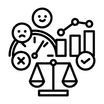 Icons depicting decisions based on data, not emotion. Includes a scale, graph, and emotion meter.