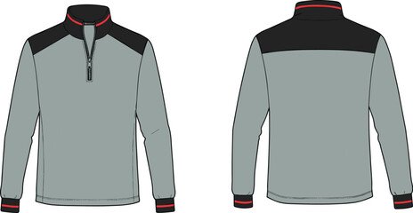 Color Block Quarter Zip Pullover Technical Flat Sketch with Contrast Panels, Cuffs, and Collar – Front and Back Apparel Views