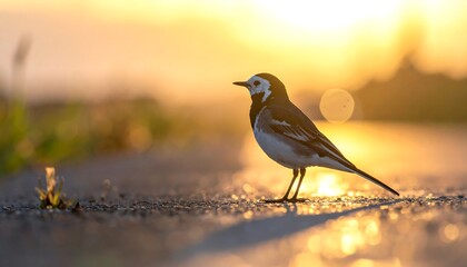 A small, white-spotted bird perches on a road at sunset, bathed in golden light.
