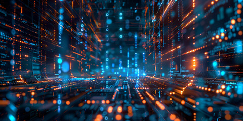 Naklejka premium Data Flow in Digital Tunnel, Abstract Tech Stream, 3D Futuristic Code Highway
