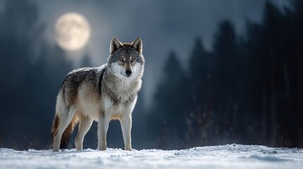 Fototapeta premium Wolf standing alone snowy landscape under full moon dramatic wildlife predator portrait creating mysterious night scene