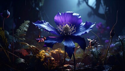 A vibrant purple flower in a mystical forest