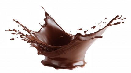 Close-up of a dynamic chocolate splash in mid-air with a transparent background