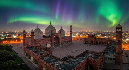 Majestic badshahi mosque under the aurora borealis in lahore pakistan at night