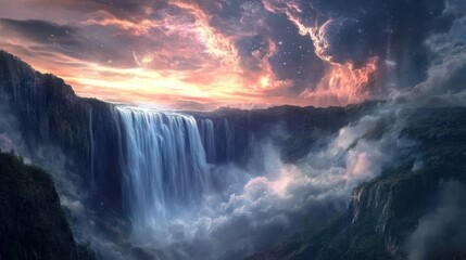 Majestic waterfall in a fantasy landscape