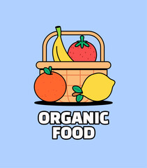 Basket filled with fresh fruits including a banana, strawberry, orange, and lemon. The design features with the text Organic Food, perfect for healthy food branding vector illustration hand drawn