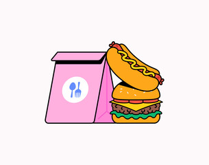 Large cheeseburger and hotdog placed beside a pink takeaway food bag colorful cartoon style vector illustration perfect for food delivery, fast food branding, or casual restaurant concepts or